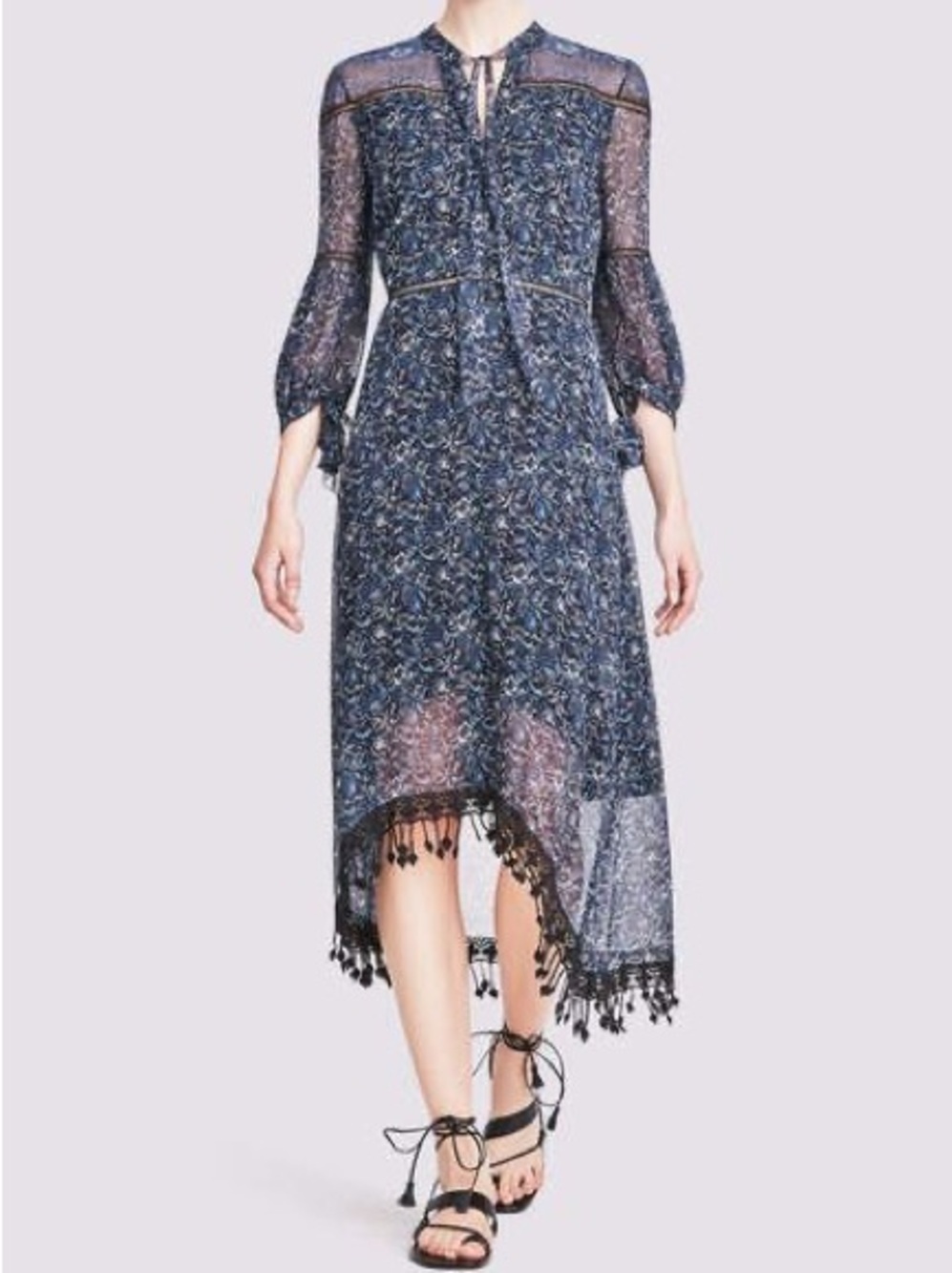 Elie Tahari | Boho Silk Floral Navy Midi Dress with Tassel Hem Size 2